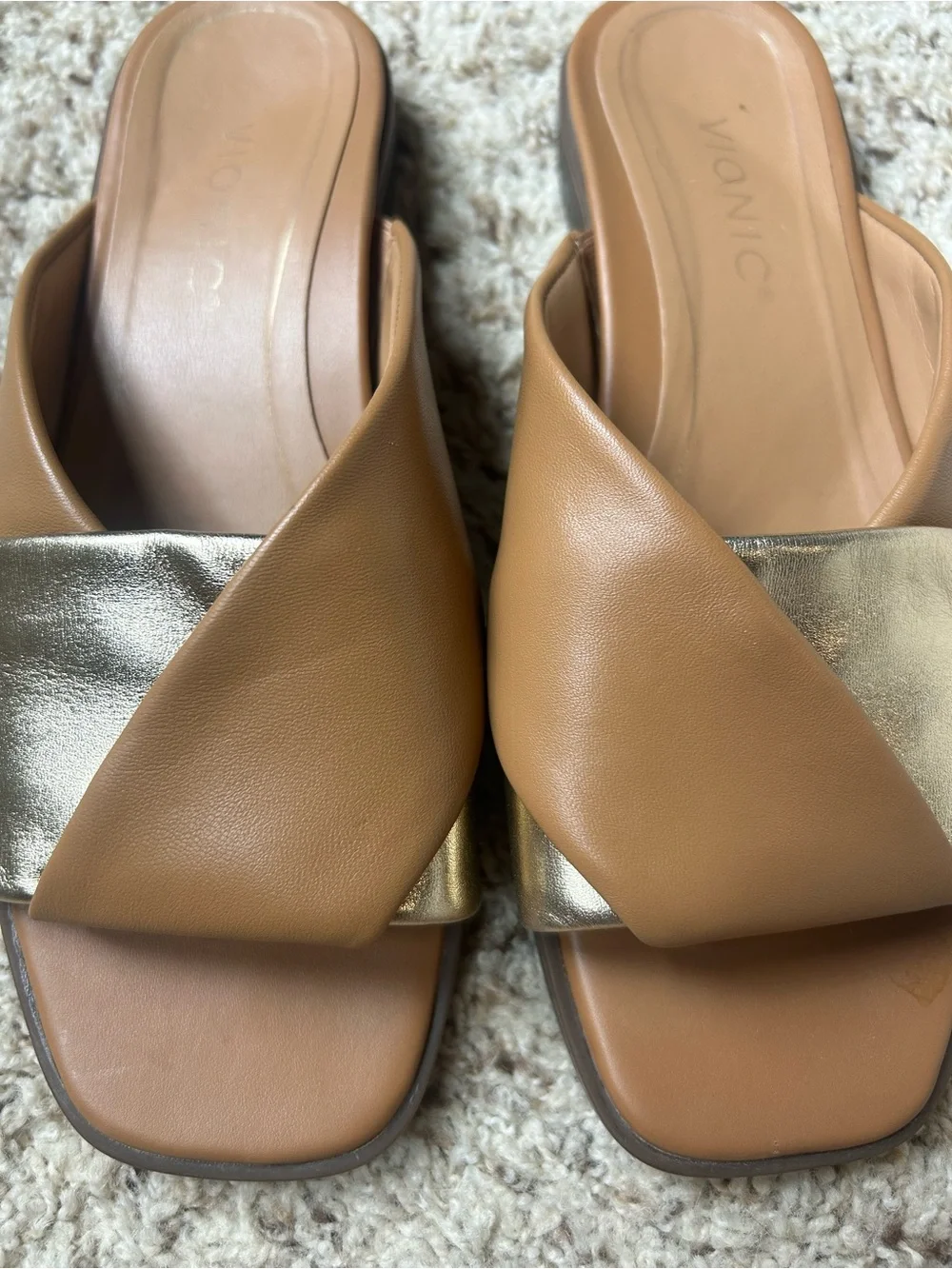Vionic Miramar Women's Comfort Slide Sandal Gold/Brown Leather Size 6.5